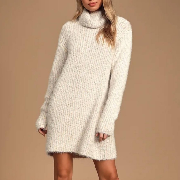 NWOT Lulu's Whispers Ivory Multi Eyelash Knit Turtleneck Sweater Dress Medium - Picture 4 of 9